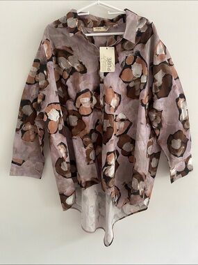 Pure by Ulla Popken Organic Cotton Button Down Shirt Asymmetrical Marbled 28/30